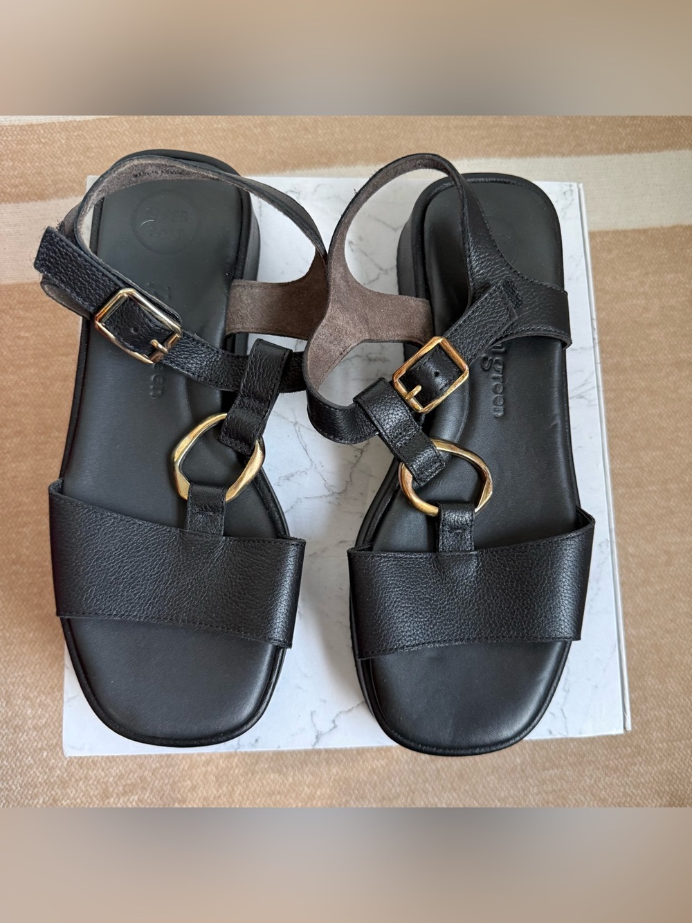 Paul Green Black Leather T-Strap Platform Sandals size 4.5/7 - Picture 3 of 11